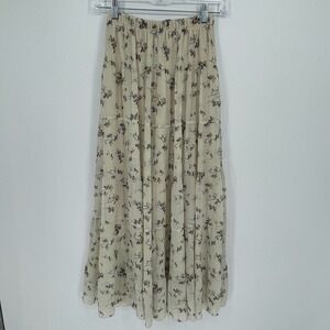 Nashalyly Women's Cream Floral Tiered Prairie Cottagecore Boho Maxi Skirt Size S